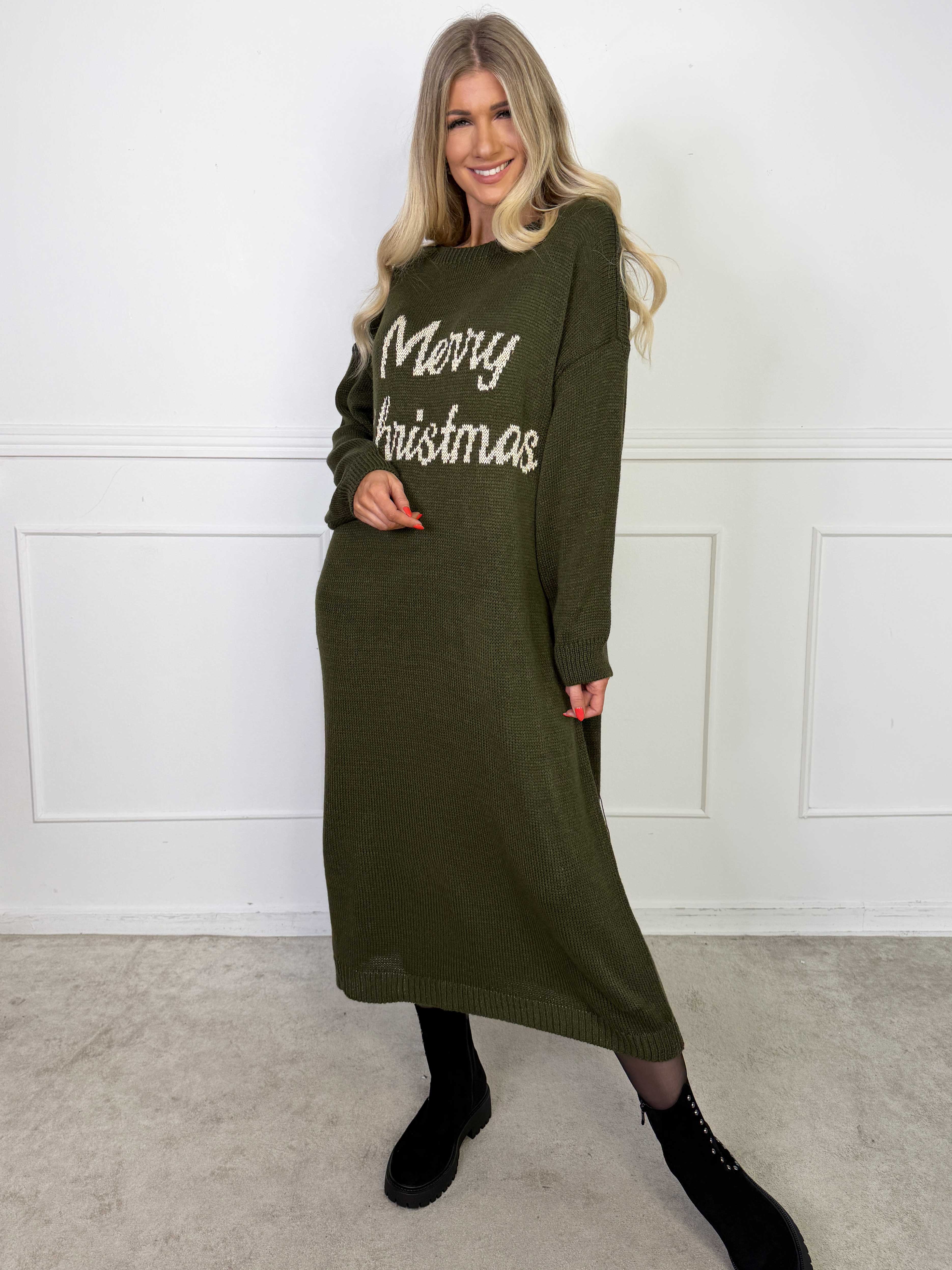 Merry Long - Julestrikkjole med guld skrift